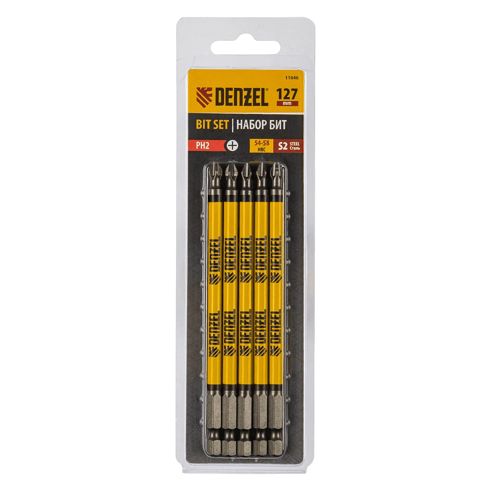11646 Бита DENZEL PH2х127, сталь S2, цилиндр., 5шт. Е 6,3 DENZEL