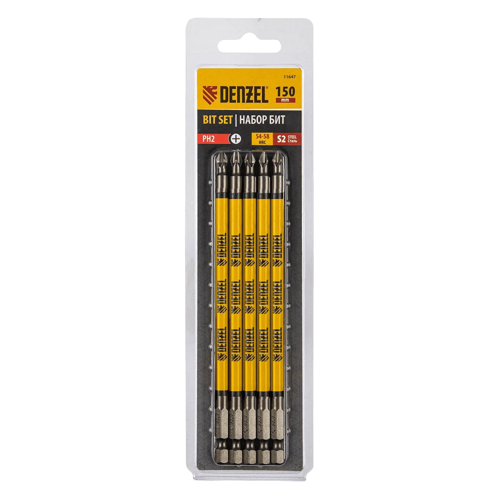 11647 Бита DENZEL PH2х150, сталь S2, цилиндр., 5шт. Е 6,3 DENZEL