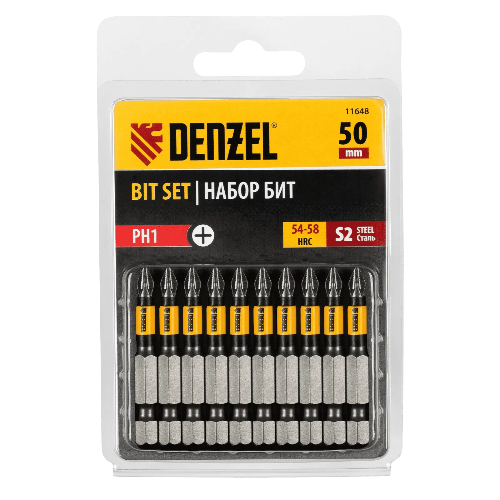11648 Бита DENZEL PH1х50, сталь S2, цилиндр., 10 шт. Е 6,3 DENZEL