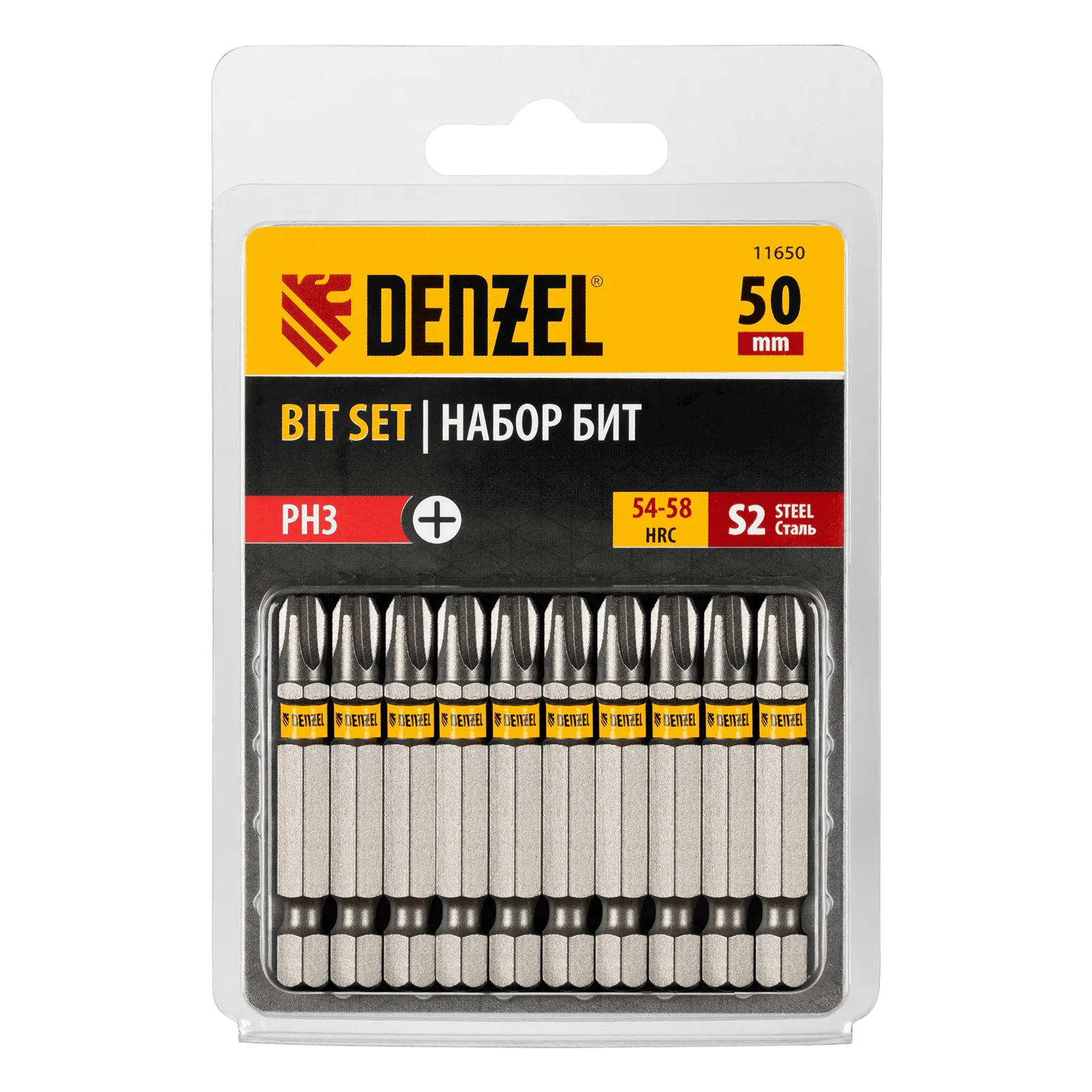 11650 Бита DENZEL PH3х50, сталь S2, шестигранный профиль, 10 шт. Е 6,3 DENZEL