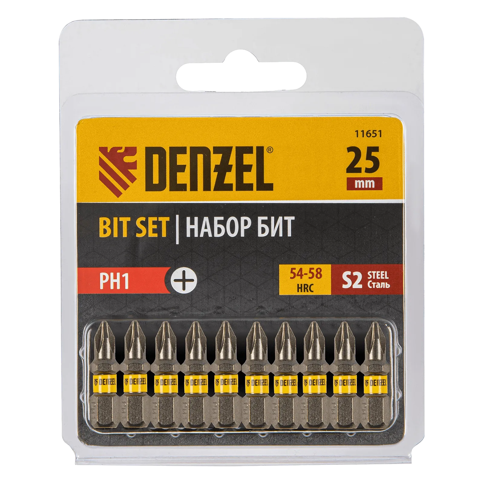 11651 Бита DENZEL PH1х25, сталь S2, шестигранный профиль, 10 шт. Е 6,3 DENZEL