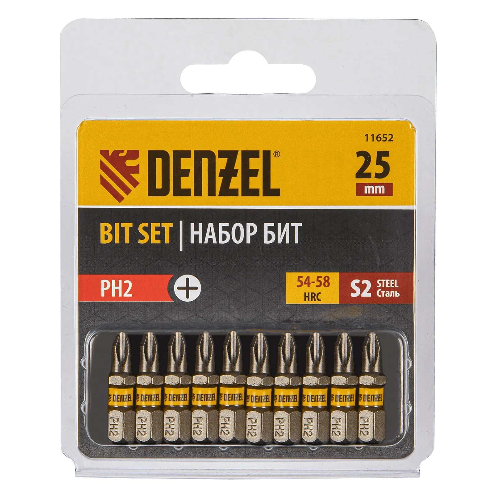 11652 Бита DENZEL PH2х25, сталь S2, шестигранный профиль, 10 шт. Е 6,3 DENZEL