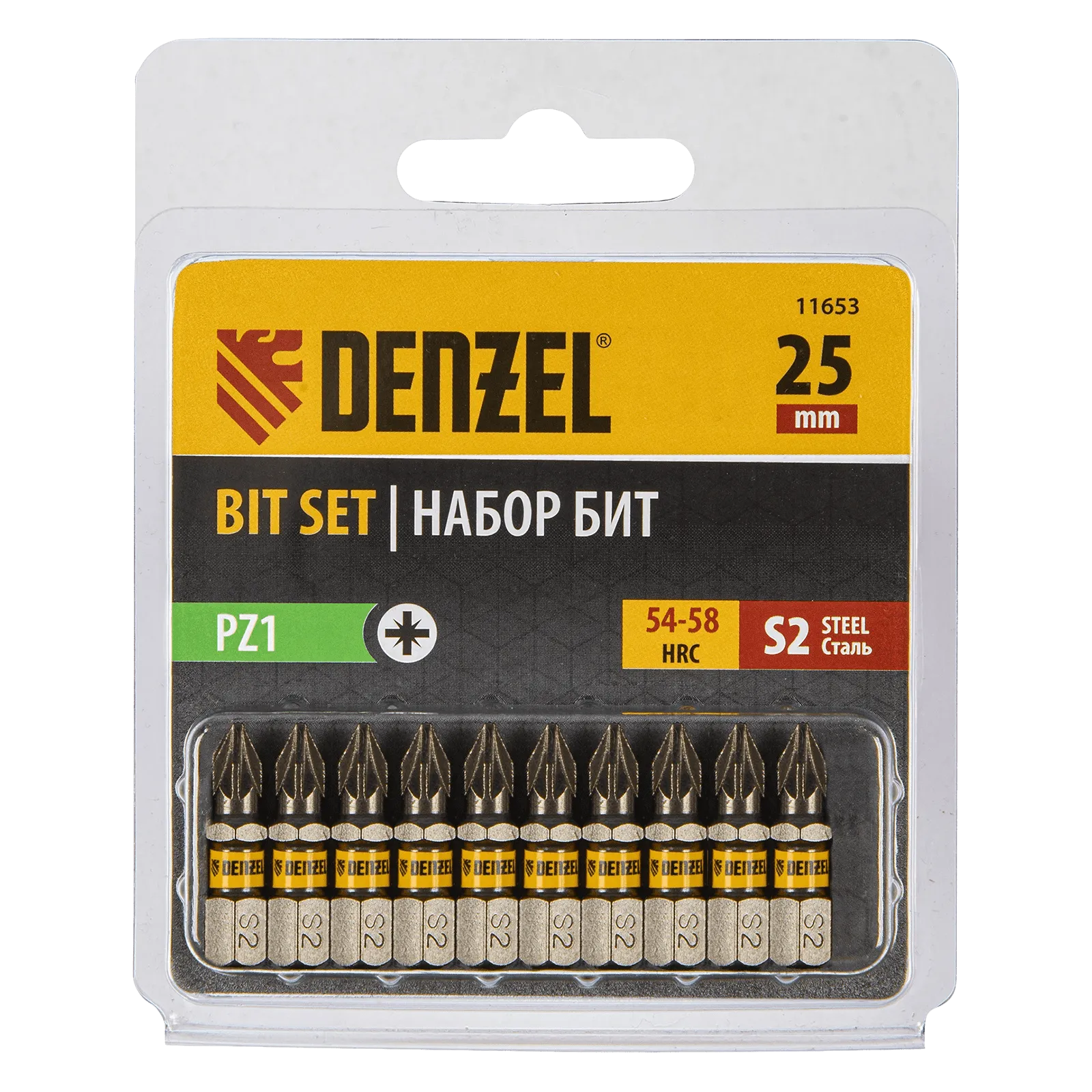 11653 Бита DENZEL PZ1х25, сталь S2, шестигранный профиль, 10 шт. Е 6,3 DENZEL