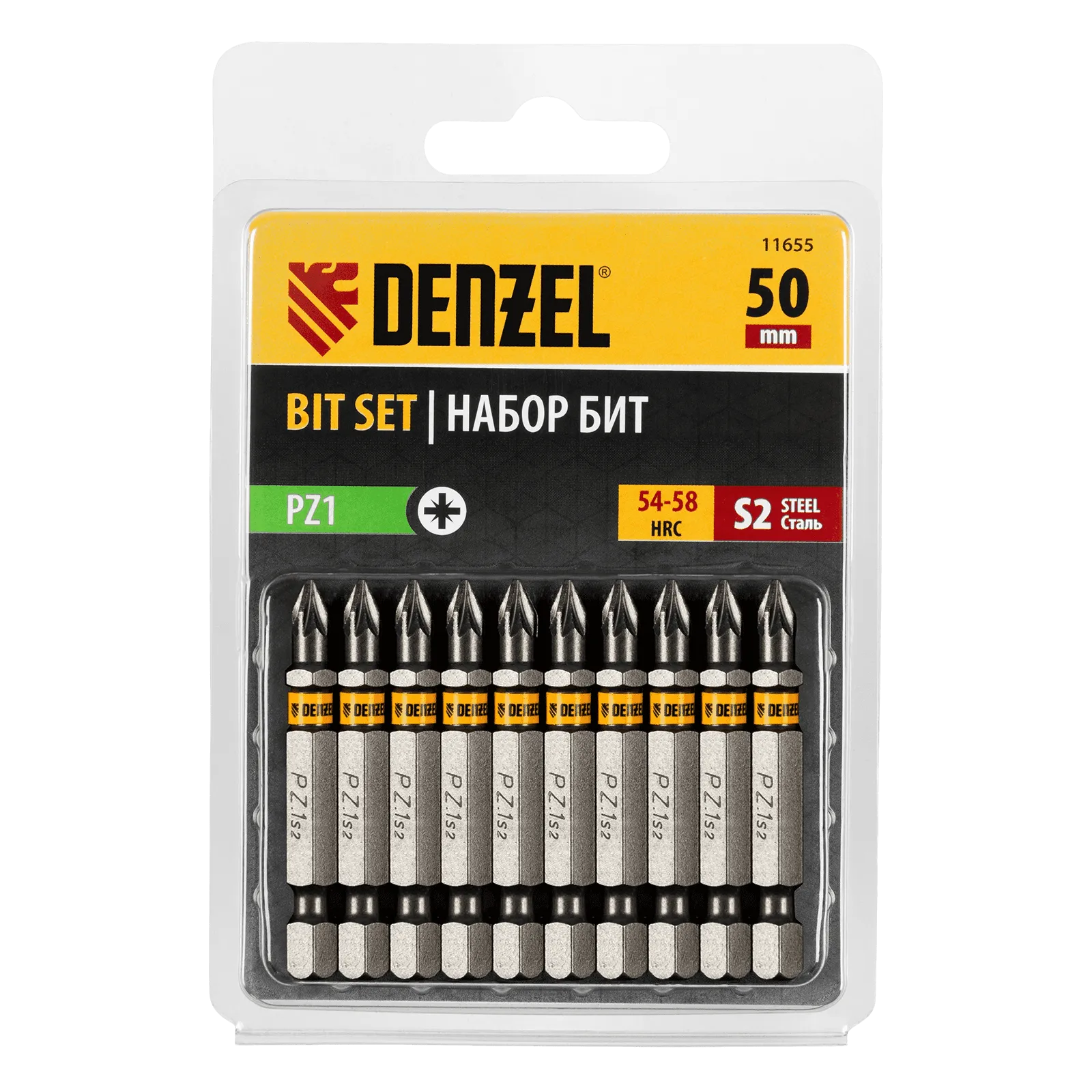 11655 Бита DENZEL PZ1х50, сталь S2, шестигранный профиль, 10 шт. Е 6,3 DENZEL