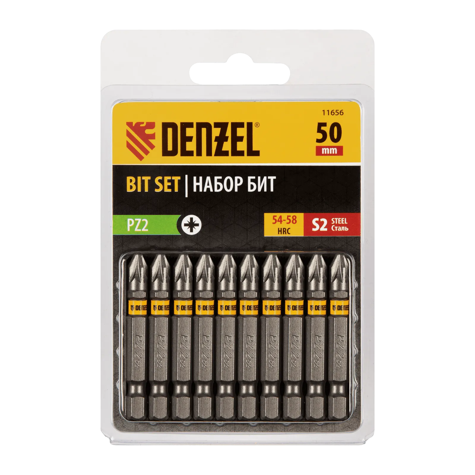 11656 Бита DENZEL PZ2х50, сталь S2, шестигранный профиль, 10 шт. Е 6,3 DENZEL