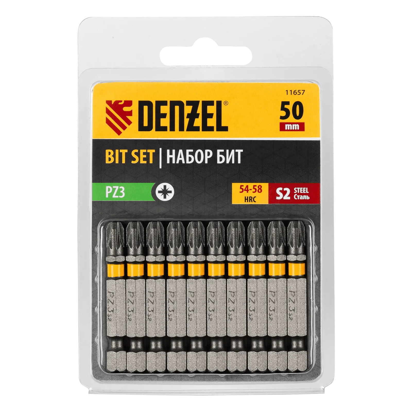 11657 Бита DENZEL PZ3х50, сталь S2, шестигранный профиль, 10 шт. Е 6,3 DENZEL