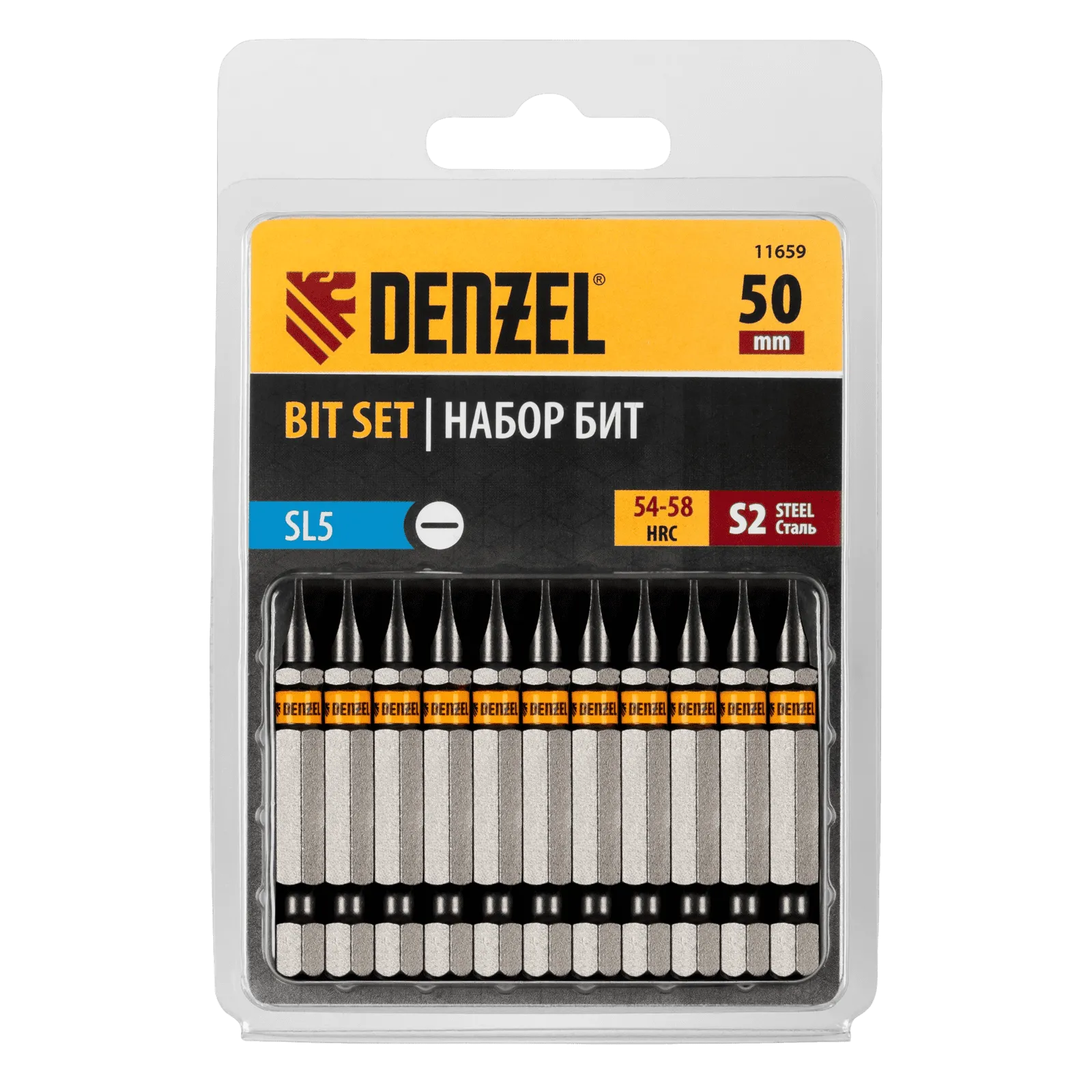 11659 Бита DENZEL SL5,0х50, сталь S2, шестигранный профиль, 10 шт. Е 6,3 DENZEL