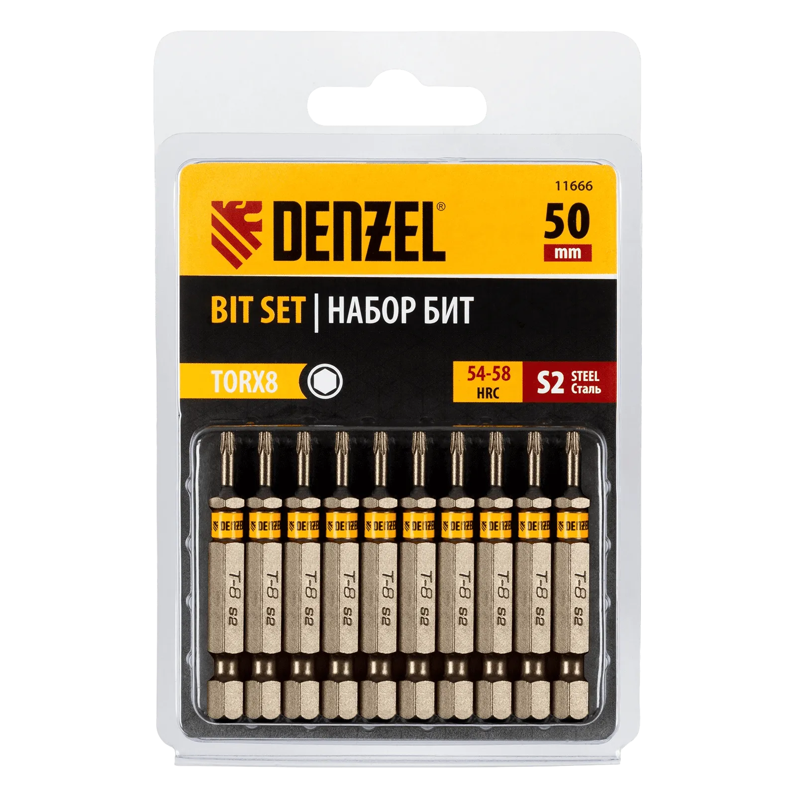 11666 Бита DENZEL TX 8х50, сталь S2, шестигранный профиль, 10 шт. Е 6,3 DENZEL