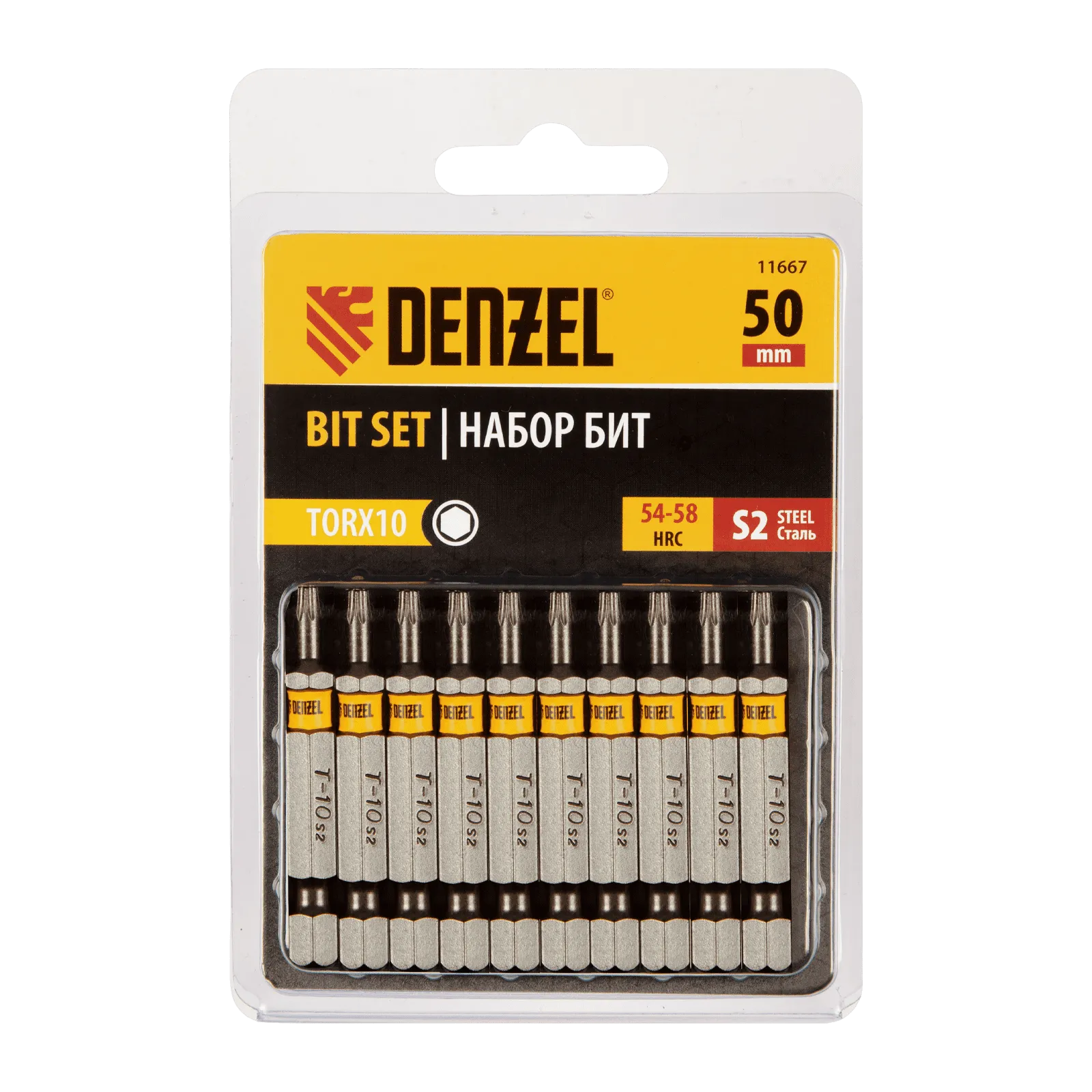 11667 Бита DENZEL TX 10х50, сталь S2, шестигранный профиль, 10 шт. Е 6,3 DENZEL