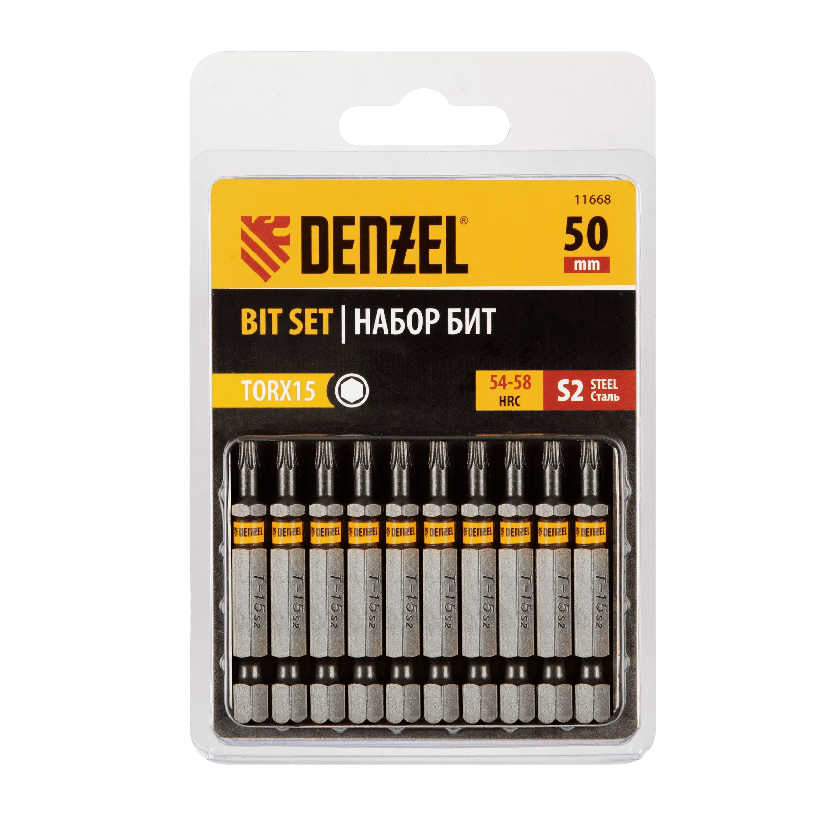 11668 Бита DENZEL TX 15х50, сталь S2, шестигранный профиль, 10 шт. Е 6,3 DENZEL