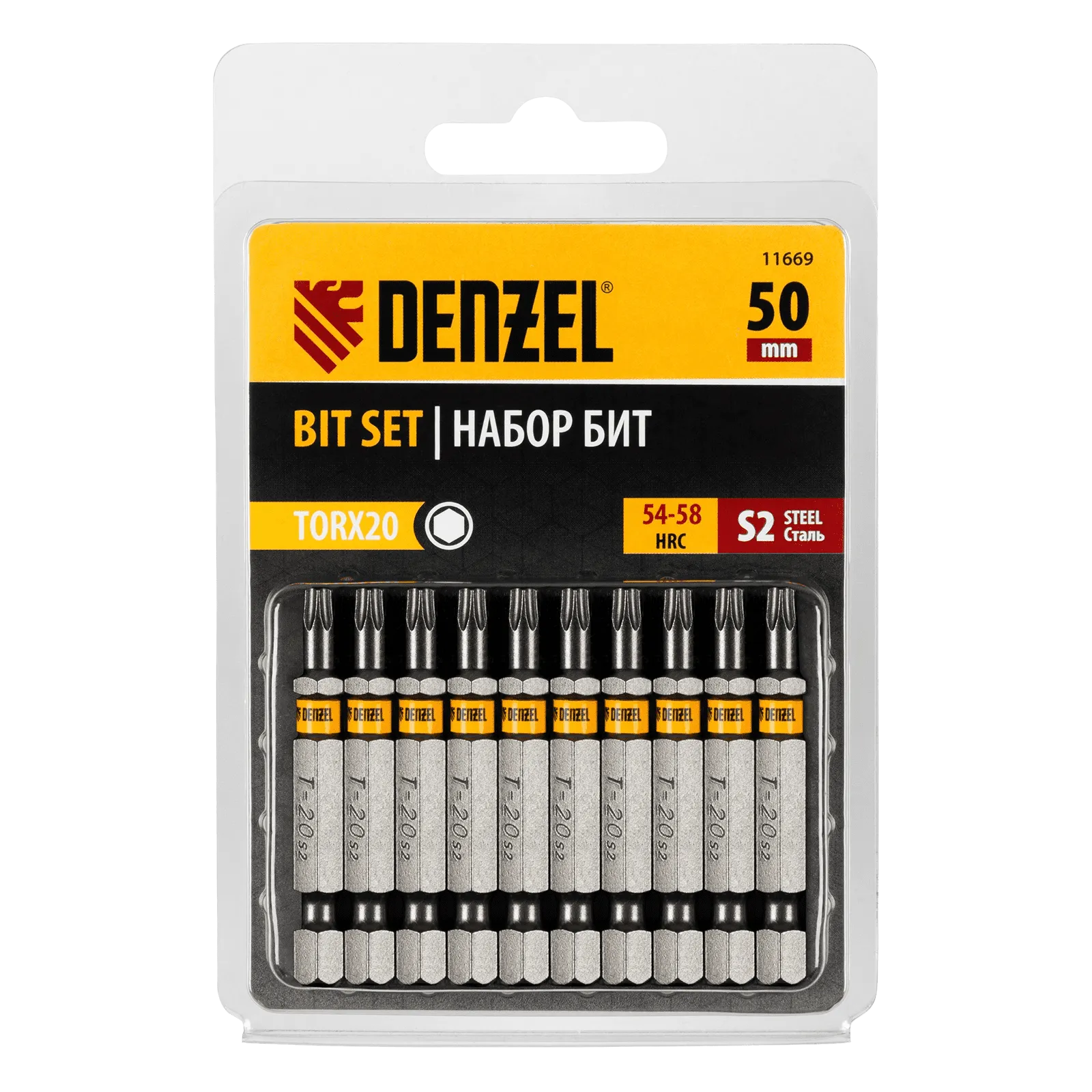 11669 Бита DENZEL TX 20х50, сталь S2, шестигранный профиль, 10 шт. Е 6,3 DENZEL