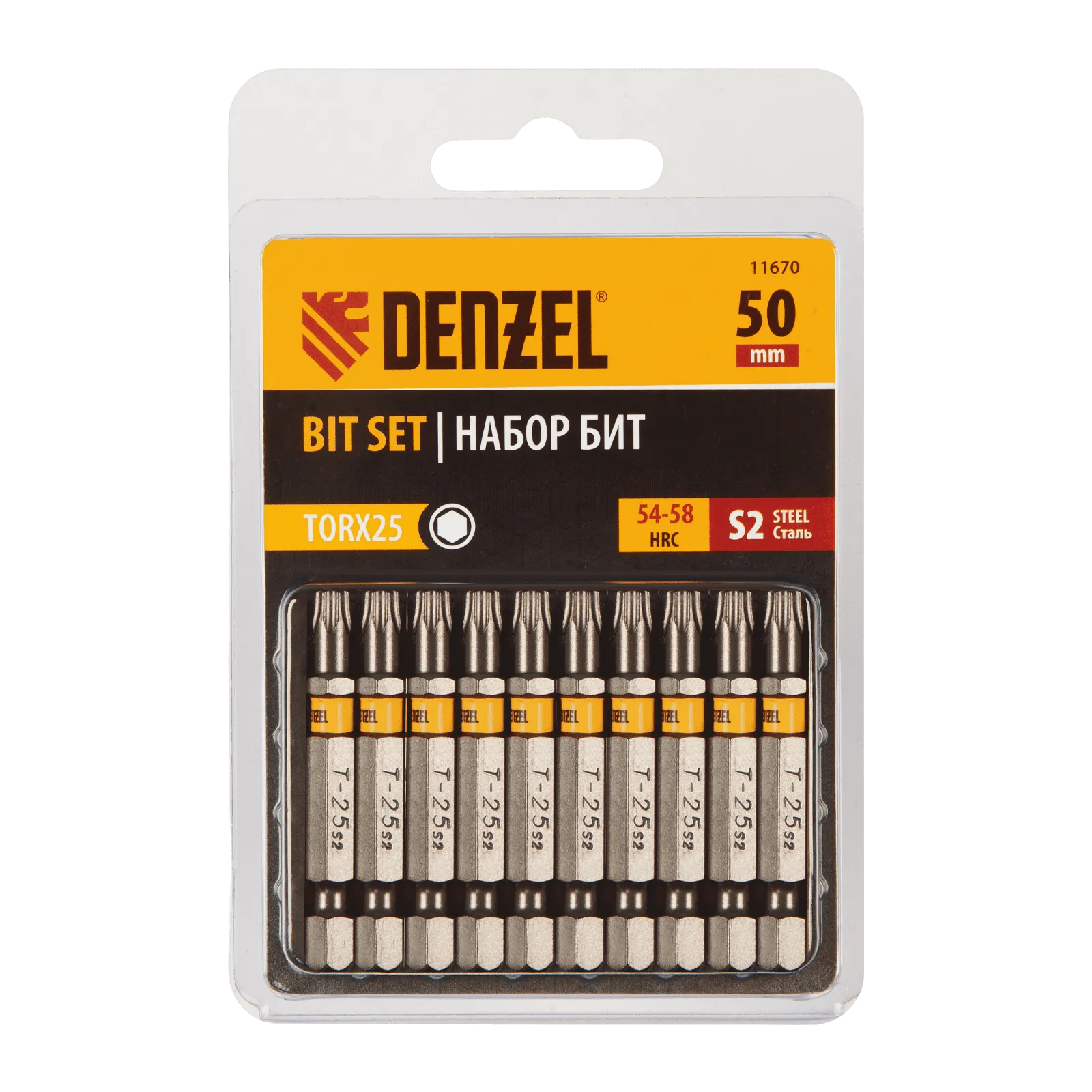 11670 Бита DENZEL TX 25х50, сталь S2, шестигранный профиль, 10 шт. Е 6,3 DENZEL