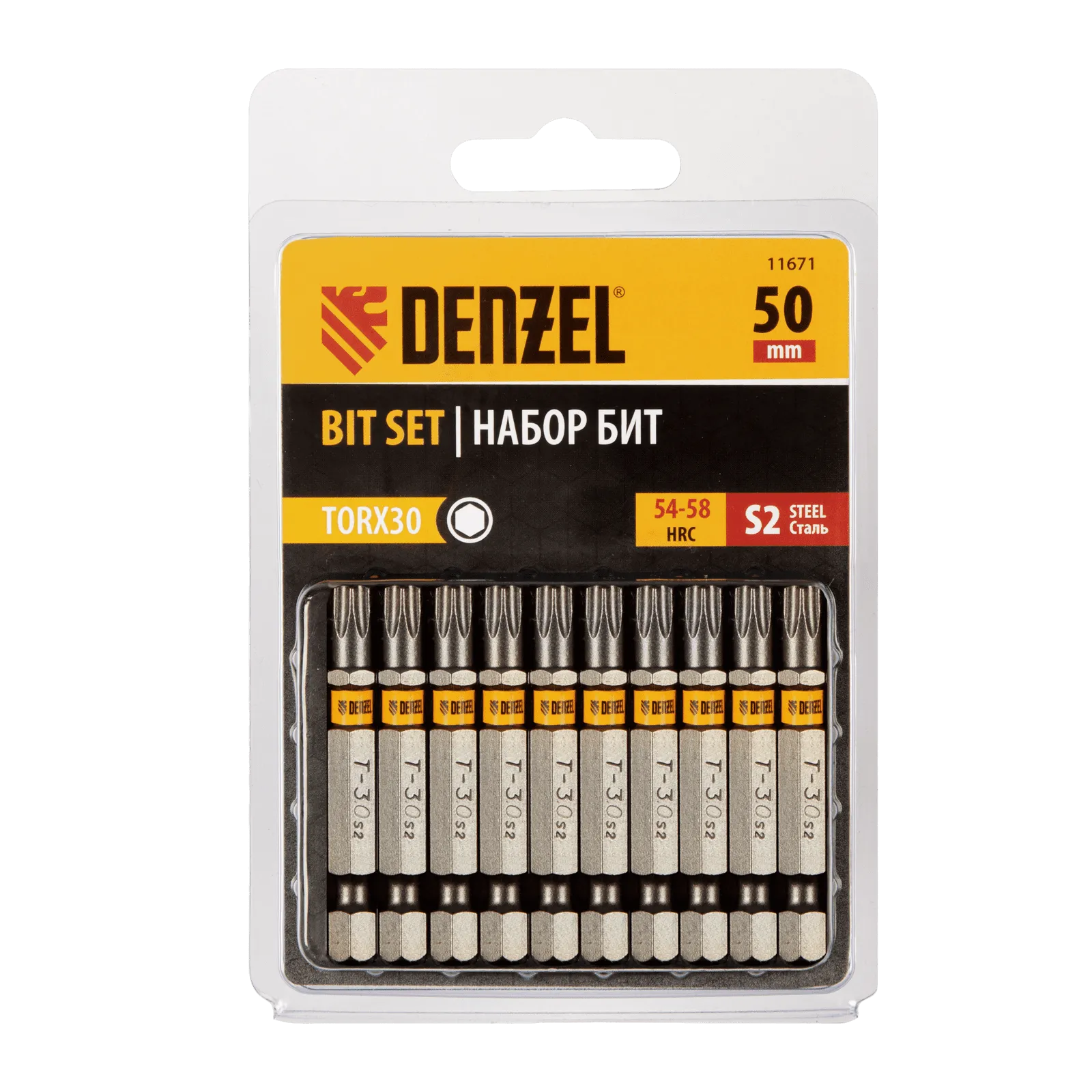 11671 Бита DENZEL TX 30х50, сталь S2, шестигранный профиль, 10 шт. Е 6,3 DENZEL
