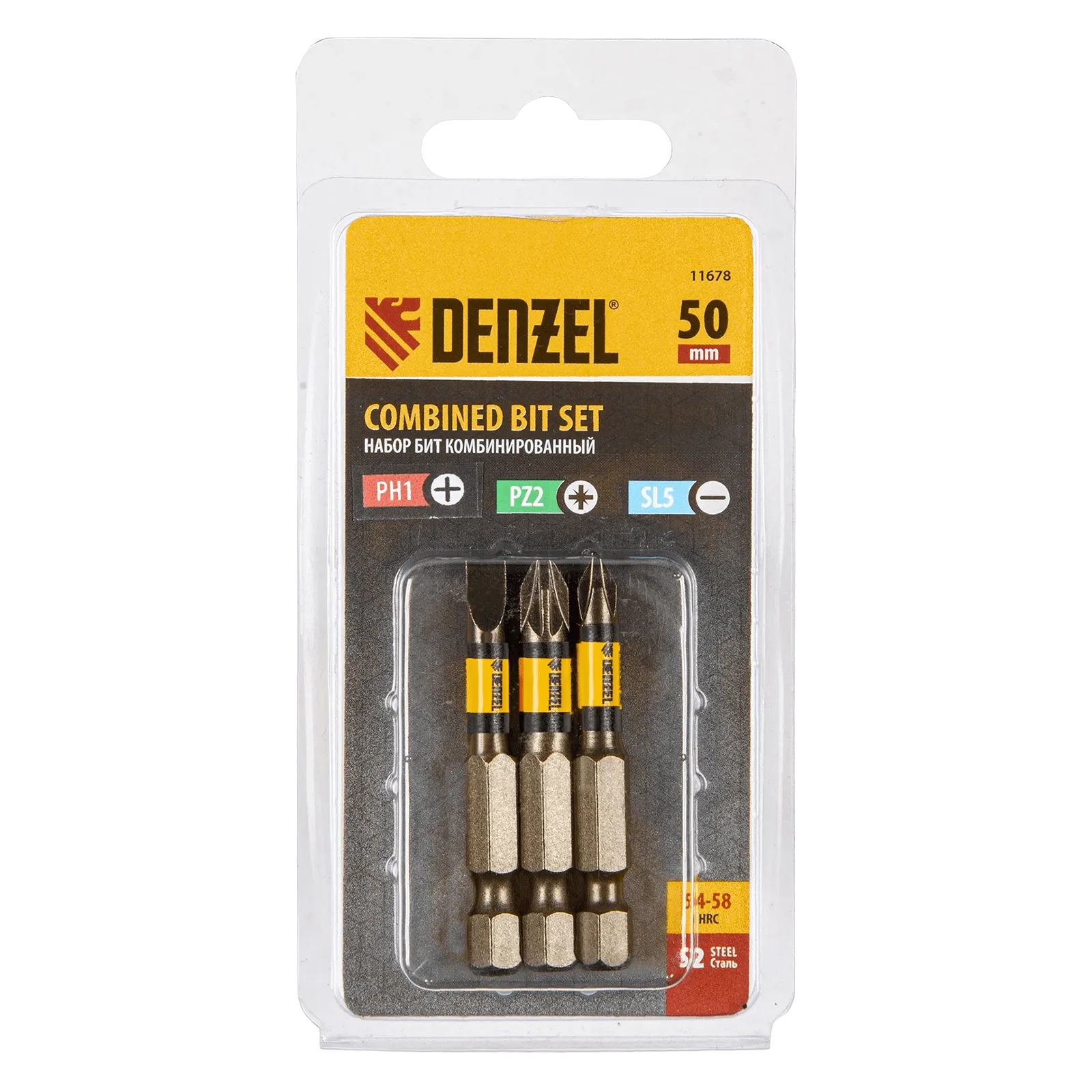 11678 Набор бит комбинированный DENZEL 3 шт., PH2, PZ2, SL5, 50 мм, сталь S2 DENZEL