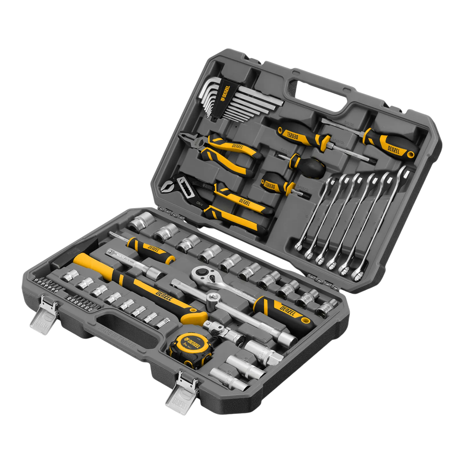 15801 Набор инструментов DENZEL 1/2", 1/4", CrV, S2, пластиковый кейс, 64 предмета DENZEL