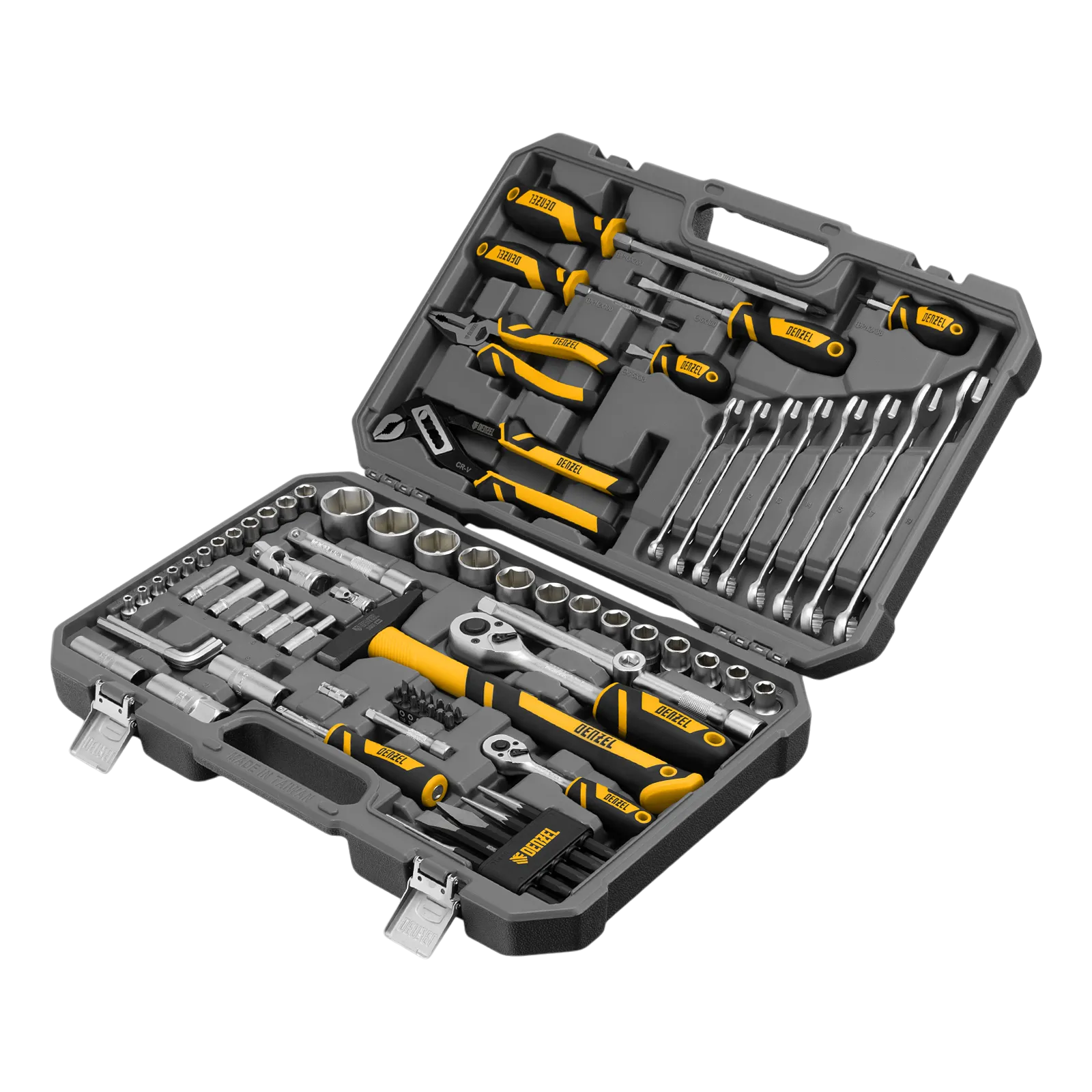 15802 Набор инструментов DENZEL 1/2", 1/4", CrV, S2, пластиковый кейс, 84 предмета DENZEL