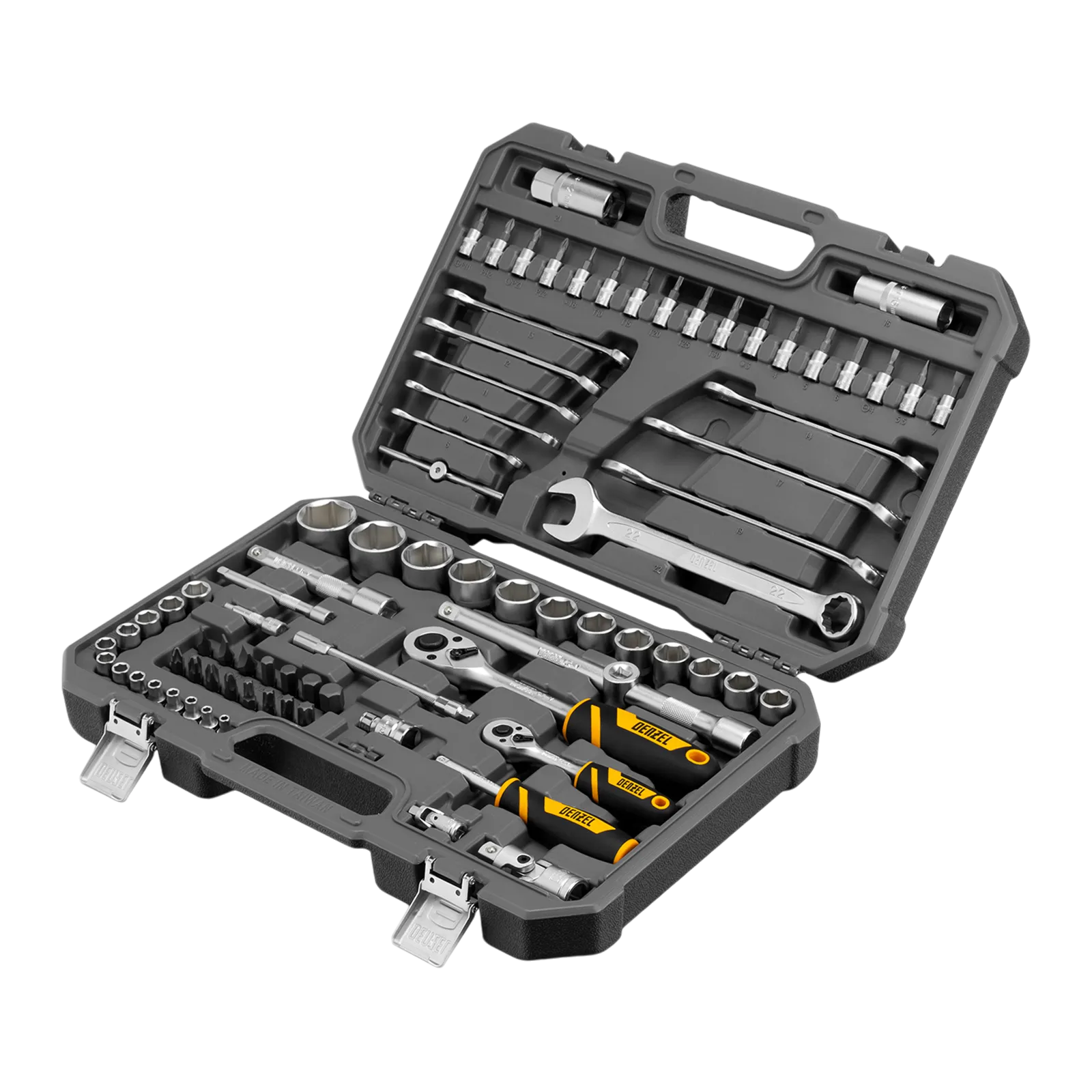 15809 Набор инструментов DENZEL 1/2", 1/4", CrV, S2, пластиковый кейс, 82 предмета DENZEL