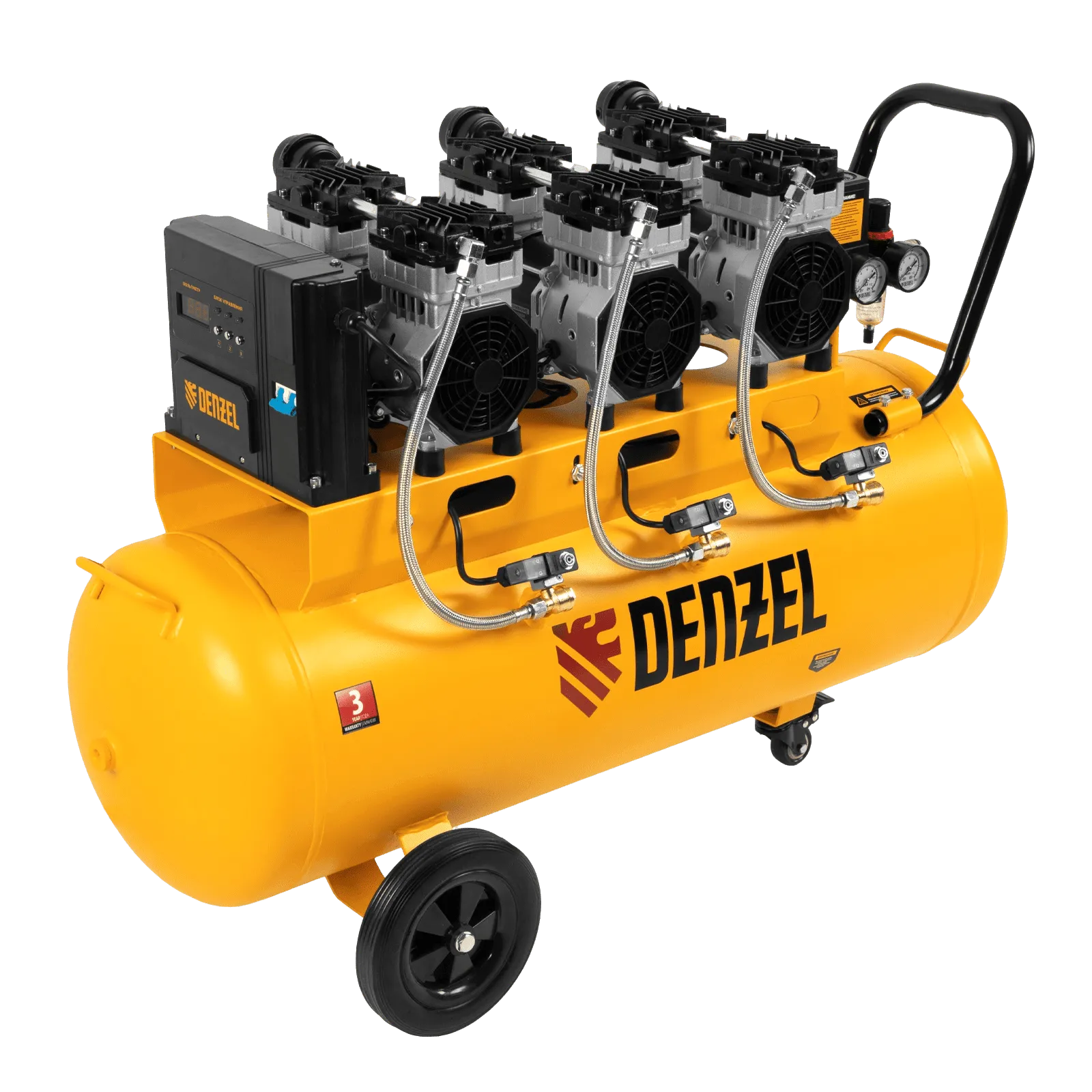 58029 Компрессор безмасляный, малошумный DENZEL DLS 2250/100, 2250 Вт, 3x750, 100 л, 410 л/мин блок управления/ Denzel DENZEL